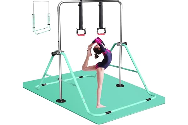 FBSPORT Barre de Gymnastique Enfant Pliable avec Hauteur Réglable Et Anneaux, Barre de Gym Intérieur Exterieur pour Junior Enfants à Domicile