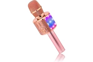 BONAOK Micrófono de Karaoke Bluetooth, 4 en 1 Micrófonos Inalámbricos de Karaoke, Micrófono de Karaoke LED para Niños, Dispositivo de Karaoke KTV, Compatible con iOS Android(Oro Rosa Plus)