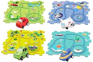 DUOLEEY Circuit Voiture Enfant Petites Jouet pour Enfants DIY Piste de Puzzle Itinéraire Jeu éducatif Cadeaux Jeux Enfants 2 3 4 5 6 Ans (4 Thèmes)