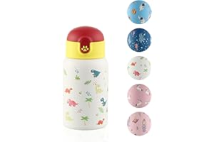 Autsel 400 ML Borraccia Bambini Acciaio Inox con cannuccia Bottiglia Termica per Bambini a doppia parete senza BPA Bottiglia Acqua a prova di perdite, Dinosauro