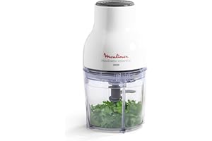 Moulinex Hachoir électrique, 400 ml, 300 W, 4 lames, Fonctions 3-en-1, Emince, Hache, Mixe, Système de pression simple, Moulinette Essential DJ520110, Blanc