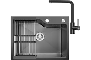 CECIPA Spülbecken Schwarz mit Küchenarmatur Ausziehbar (1 Strahlarten), Siebkorb Ausziehbar, Siphon Ab- und Überlaufgarnitur, Küchenspüle Edelstahl 60 x 45 cm, Nano-Schwarz