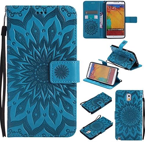 CUSKING Case for Samsung Galaxy Note 3, Premium PU Leather Embossed Flower Wallet Stand Flip Galaxy Note 3 Case Magnetic Shockproof Full Protective Case Cover with Hand Strap -Blue