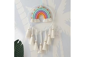 EXQUILEG Tęczowa makrama, dekoracja ścienna, ręcznie tkana makrama, tęcza, dekoracja ścienna z piłką, styl boho, do pokoju dziecięcego (style E)