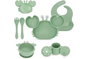 MOJINL Silicone Baby Crockery Set with Suction Cup, BPA-Free Children's Crockery Set, 8-Piece Baby Cutlery Set with Baby Plate, Spoon, Fork, Bowl, Bib, Snack Cup, Drinking Cup for Baby Girls Boys