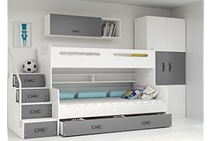 ‎INTERBEDS Interbeds Etagenbett Hochbett Stockbett mit Treppe und Stauraum Kinderbett Stauraumbett für Kinder und Jugendliche Bettgestell mit Lattenrost (weiß+grau)