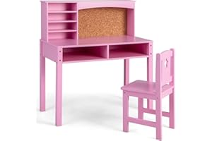 GENERIC INFANS Kids Desk and Chair Set, Student Study Table with Chair, Hutch, Cork Bulletin Board, Storage Shelves, Wooden Writing Computer Workstation for Study, Bedroom, School (Pink)