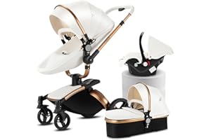 Doraystar 360° Rotazione Pelle PU Passeggino 3 in 1, Passeggino Trio con Design Pieghevole in Un Clic, Trio Passeggino Neonati con Grande Nacelle Comoda, Trio Neonato con Telaio Alluminio (906 White)