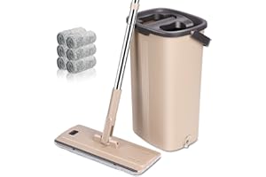 ZVONEMA ZNM Serpillière Seau Essoreur, Balai Serpillère Essoreur avec Seau with Manche Réglable 134cm, Balai Serpillère Plat avec 6 Tampons en Microfibre Lavables pour Sols Bois, Stratifié, Carrelage, Marbre