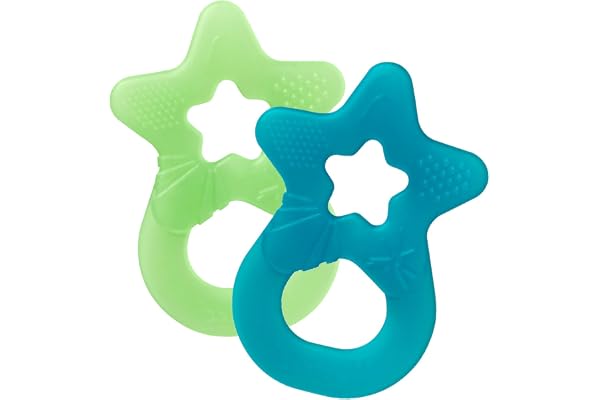 dentistar Lot de 2 anneaux de dentition – Jouet de dentition pour bébé et enfant dès 3 mois – Anneaux de massage des gencives en forme d’étoile – Made in Allemagne - Bleu & Vert clair