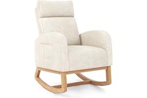 COSTWAY Relax Rocking Chair, Chenille Fabric Upholstered Accent Glider Armchair with Headrest, Side Pocket & Solid Wood Legs, Modern High Back Leisure Lounge Rocker for Nursery Living Room Bedroom