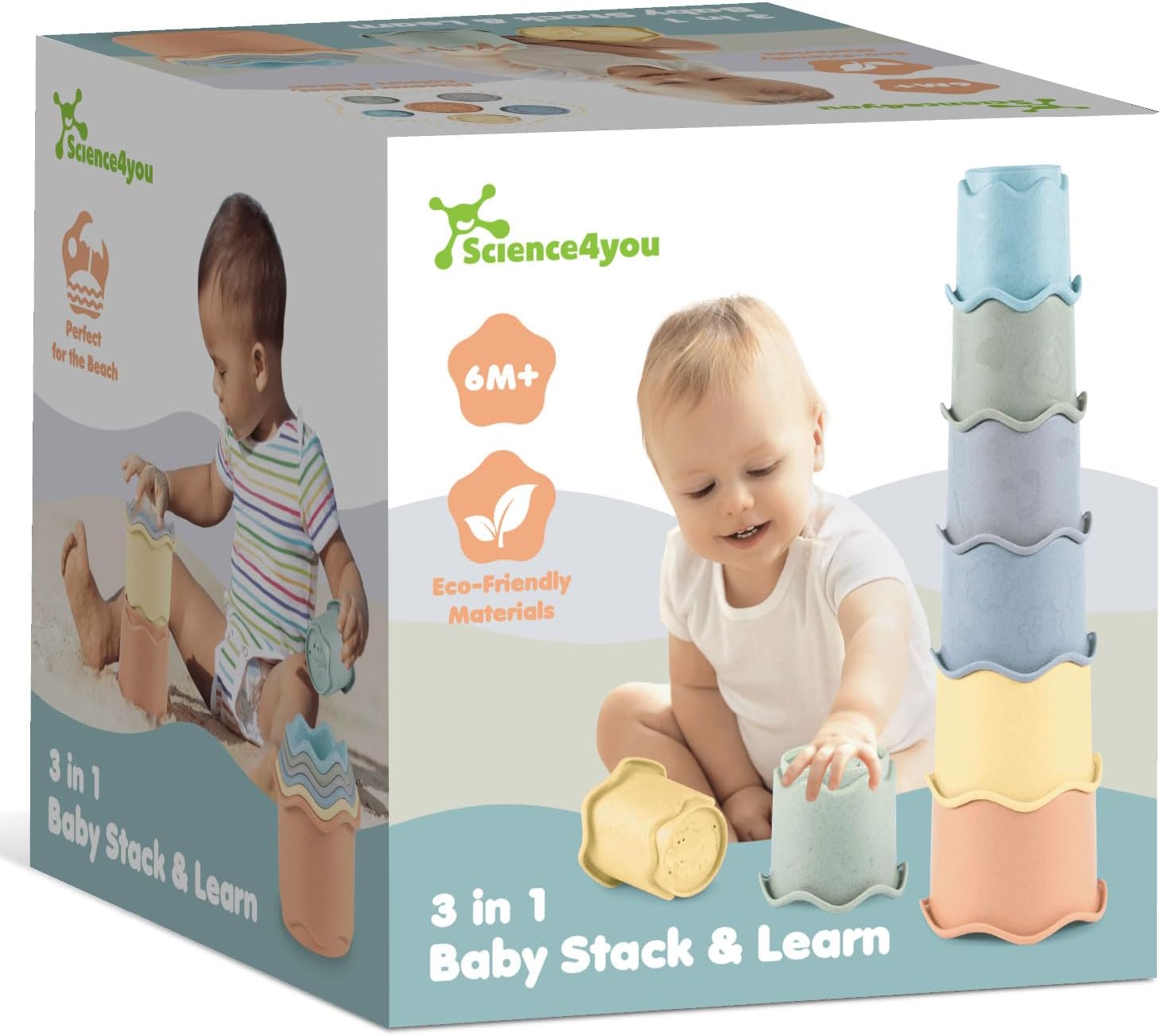 Science4you Vasos Apilables Bebé 3 en 1 – Juguete Apilable con 6 Vasos, Baño Playa Interior, 6 9 12 Meses+