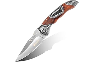Poktlife Navaja Plegable,Navaja de Acero Inoxidable de Bolsillo con tallados patrón Retro Mango de Metal y Madera,Supervivencia Navaja (Madera Roja)