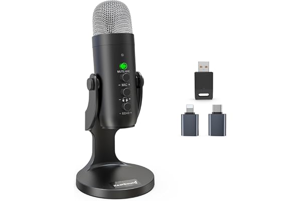 zealsound Micro Gaming sans File pour PC, Téléphone et iPhone, Micro à condensateur avec réduction de Bruit, Muet, Prise Moniteur, et Echo, pour Podcast, Enregistrement, Voice Over, Discord, Youtube