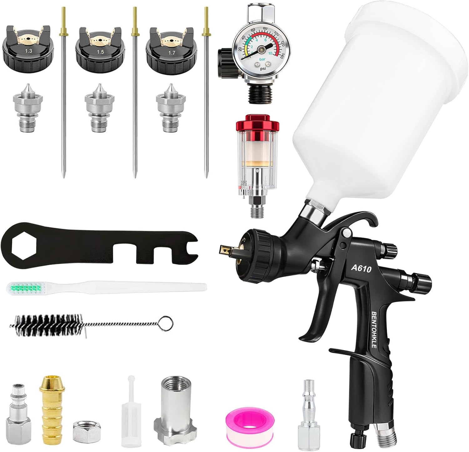 BENTOHKLE A610 LVLP Air Spray Gun with 1.3/1.5/1.7mm Nozzles& Air Gauge, R500 Automotive Paint Gun Sprayer for Car, House Painting, Industrial Coating
