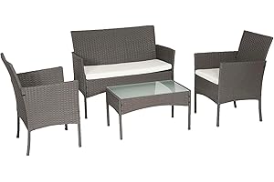 BENEFFITO Tulum - Gartenmöbel 4-Sitzer - 1 Sofa, 2 Sessel, 1 Couchtisch - Wasserabweisende und Abziehbare Kissen mit Reißverschluss - Grau/Beige