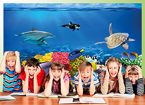 Fototapete Aquarium Wandbild Dekoration farbenfrohe Unterwasserwelt Meeresbewohner Ozean Fische Delphin Korallen-Riff Clownfisch | Foto-Tapete Wandtapete Fotoposter Wanddeko by GREAT ART (336 x 238cm) - 2