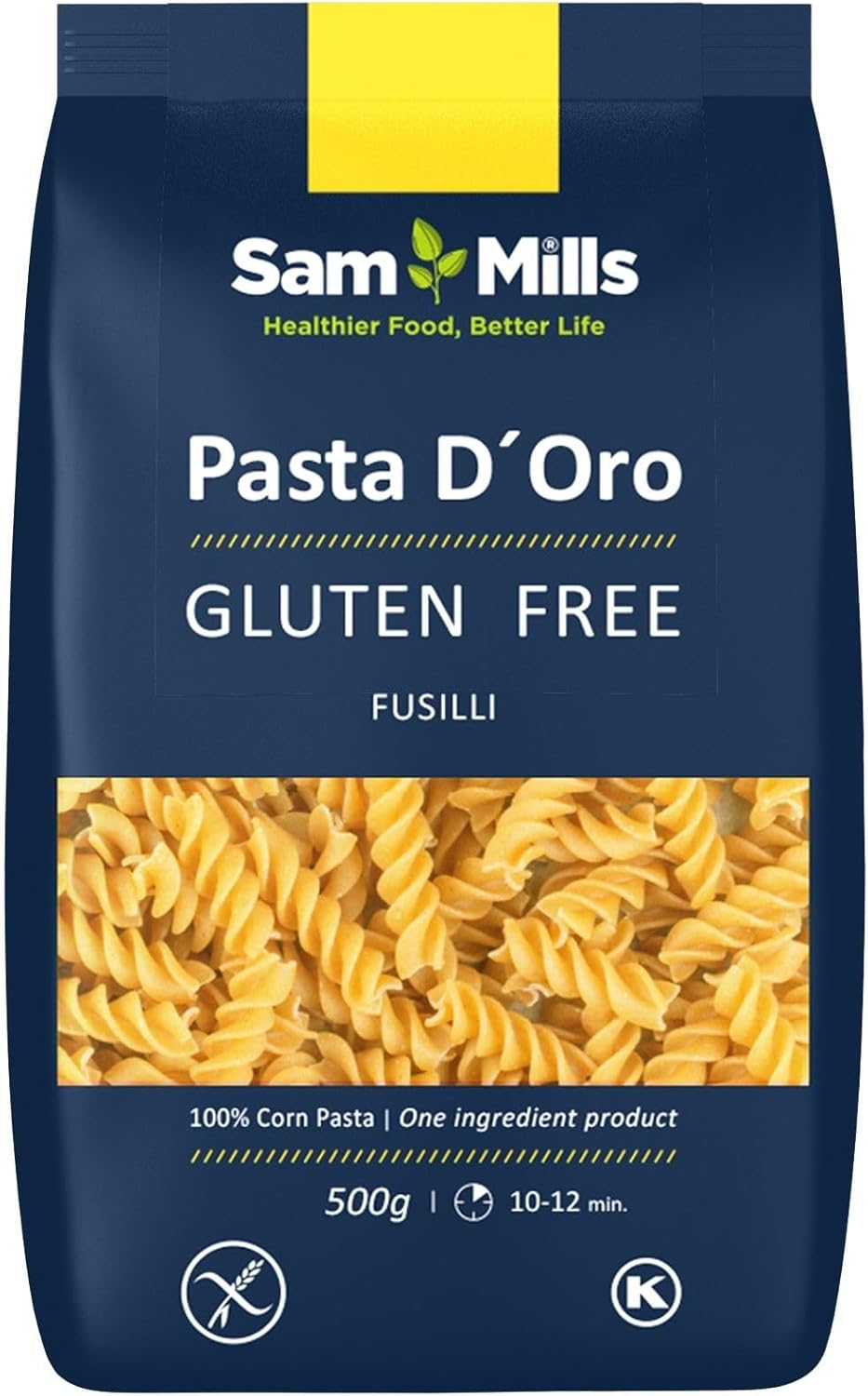 Sam Mills - Fusilli Sin Gluten - 1 paquete de 500 g - 100% Harina de Maíz - Fabricado en Instalaciones Sin Gluten - Mejora el Tránsito Intestinal - Ideal para Dietas Veganas