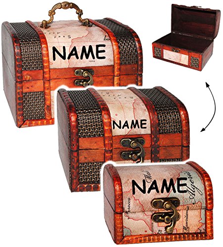 sehr edel _ 3 tlg. Set – Schatzkiste / Schatztruhe – “ Nostalgie “ – aus Holz – Kiste & Truhe – z.B. für Geldgeschenke, Schatzsuche, Spardose, Hochzeit – Landkarte / Welt – Erde – Globus – Reise / Urlaub – Urlaubsreise / Trinkgeld – für Kinder & Erwachsende – kleine – stabil – Pirat Geld Piratenschatz – Piraten – Piratenschatztruhe – Truhen – Piratenkiste / Spieltruhe – Holzkiste - 3