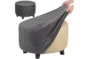 Eummy High Stretchy Round Ottoman Cover - Soft Plush Velvet Footstool Slipcover with Anti-Slip Elastic Design - Washable Protector (Grey)