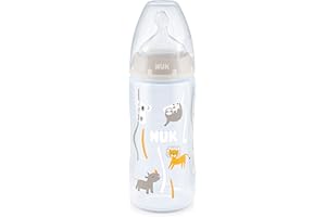 NUK First Choice+ - Biberón para bebés de 6 a 18 meses, control de temperatura, control de flujo, válvula anticólicos, 300 ml, sin BPA, tetina de silicona, Safari (neutro)