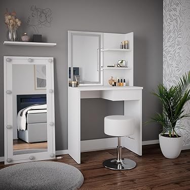 Schminktisch Mit LED Beleuchtung & Hocker - Weiß Mit 4 Schubladen
