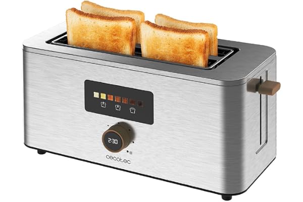 Cecotec Grille-Pain Vertical 2 Fentes Longues Touch&Toast Extra Double. 1500 W, 4 Tranches de Pain, Fentes Extra-Larges de 3,5 cm, Écran Tactile et Bouton Numérique, Finitions en Acier Inoxydable
