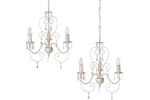 MINISUN Pair of - Vintage French-Style Three-Way Chandelier Ceiling Lights in a Distressed White/Cream Finish
