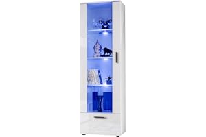 ExtremeFurniture Tall Free Standing Display Cabinet for Living Room or Bedroom with 3 Glass Shelves, RGB LED, 60 x 192 x 42 cm, Modern Design, White Matt and White High Gloss