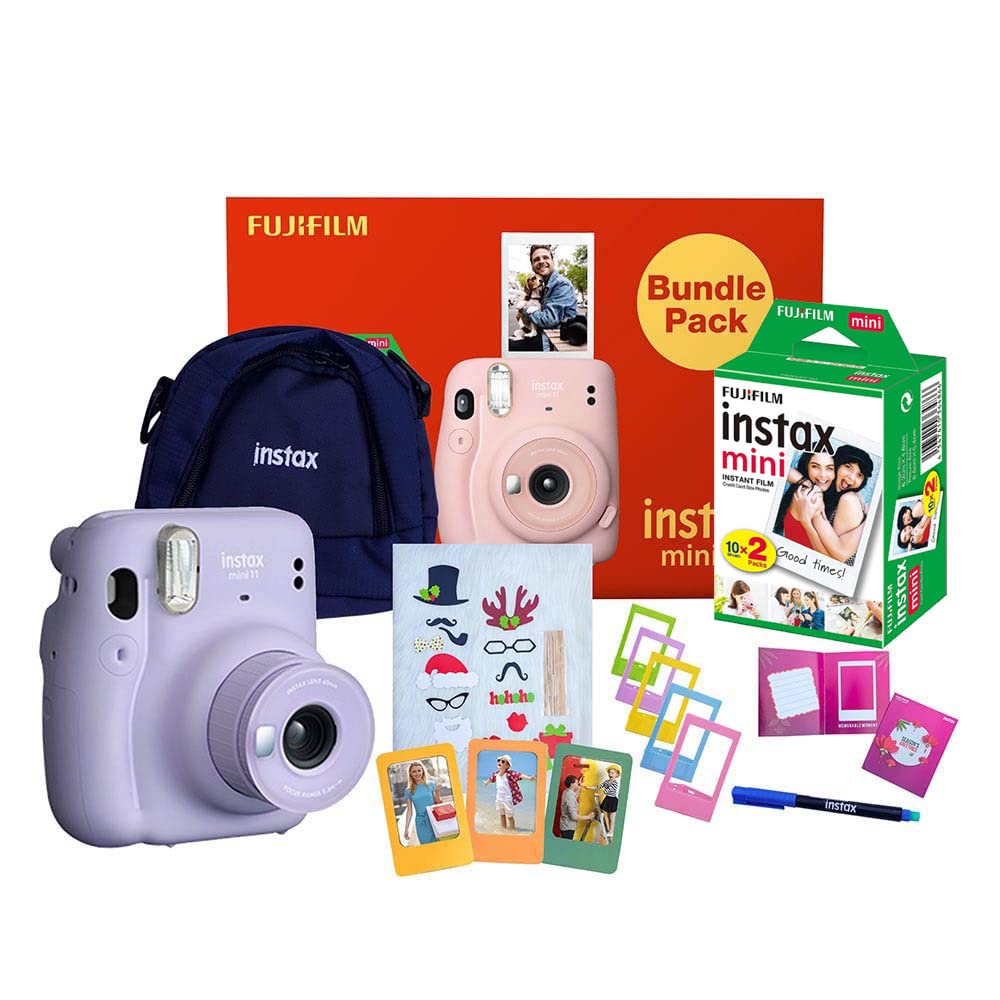 Mini 11 Bundle Pack with 20 Film Shots + 5 Photo Frames + 5 Fridge Magnets + Carrying Case! Giftable Box (Lilac Purple, MINI11)