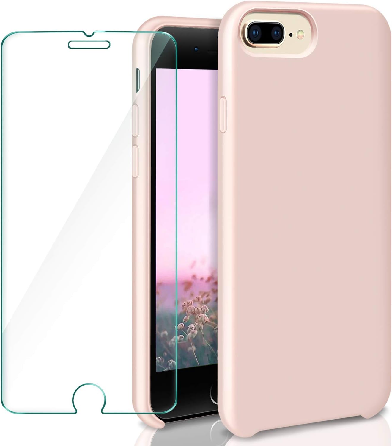 ivencase Silicone Case for iPhone 7 Plus + Tempered Glass Screen Protector, iPhone 8 Plus Ultra Thin TPU Silicone Bumper Back Case Cover for iPhone 7 Plus/iPhone 8 Plus – Pink