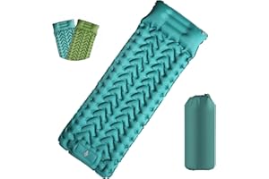 EXLECO Samopompująca się karimata kempingowa, materac dmuchany, na kemping, z poduszką, składana, ultralekka, nadmuchiwana mata do spania z pompką nożną, na wycieczki z plecakiem, wędrówki, morska niebieska