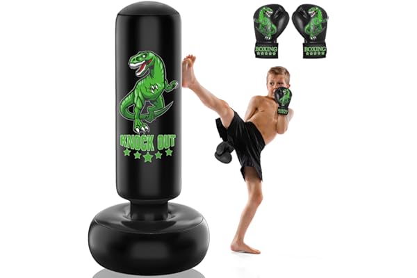 JUOIFIP Sac de Frappe Enfant - 160 cm Set de Sac de Boxe autoportant avec Gants de Boxe - Dinosaure Sauvage Sport Sac de Kickboxing Gonflable pour l'entraînement Karaté Taekwondo MMA