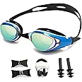 wave Nearsighted Swim Goggles, Shortsighted Optical Swimming Goggles No Leaking Anti Fog UV Protection for Adult Men Women Youth, Blue, -7