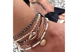 Anglacesmade Ensemble de 5 bracelets de cheville avec pendentif en forme de coquillage de style bohème - Chaîne en cuir tressé et perles - Bijoux de plage pour femmes et filles