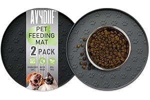 AVYDIIF 2 Pack Pet Feeding Mats, Waterproof Anti-slip Placemats for Dog Cat Bowl Silicone Pet Food Mat, Raised Edge Prevent Spills on Floor & Carpet, Dishwasher Safe(Grey+Black, 28 x 28 cm)