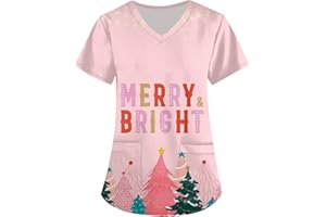 FTRGHNY Christmas Scrubs Tops Nurse Womens Nursing Uniforms Beauty Tunics Christmas Tree Santa Snowman Cute Printed Salons Wrap Mock Christmas Work Tops Health Care Uniform