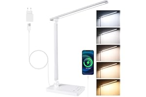 Akynite Lampada da Scrivania LED con Porta USB C, Adattatore 2A incluso, 5 Colori 10 Luminosità, 45Min Timer Touch Control Lampada da Tavolo Dimmerabile, Luce per Camera da Letto, Bianco