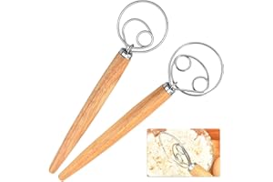 ORAGKE Dänischer Schneebesen 2er Set, Dänischer Teigbesen Edelstahl Doppellöchern mit langem Holzgriff, 34 cm Teigrührer Schnelles Mischen für Brotteig, Sauerteig, Danish Whisk Brotbackzubehör