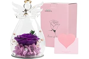 Qidordour 6.6 inch Big Preserved Rose Christmas Birthday Gifts for Women Mom Grandma Wife, Angel Gifts for Her, Glass Angel Figurines Gifts with Pretty Purple Flowers for Anniversary, Valentine's Day