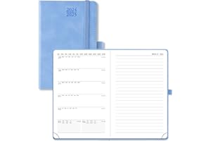 POPRUN Pocket Diary A6 Week to View 2025 PU Leather Soft Cover 16 x 10.5 cm - 24/25 Small Weekly Appointment Planner & Notebook in One, Inner Pocket (Cyan Blue)