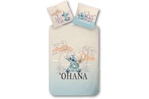 MTOnlinehandel Bettwäsche 135x200, Kinderbettwäsche Motiv Ohana Lilo & Stitch für Mädchen und Jungen, Teenagerbettwäsche, 100% Baumwolle, 1x Kissenbezug 80x80 + Bettbezug 135x200 (Stitch)