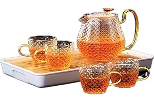 MATISSA Teiera in vetro adatta al microonde, 600 ml, infusore rimovibile e coperchio con un set di 4 bicchieri, bollitore da tè sicuro per preparare il tè, per elevare l'esperienza di servizio del tè, idea
