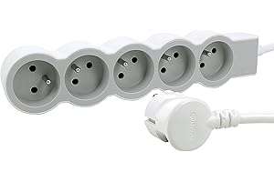LEGRAND | Rallonge Multiprise Extra-Plate, 5 Prises 2P+T Avec Terre, Cordon 1.5m Blanc Et Gris Clair, 1 Prise À 90° Pour Chargeur Volumineux