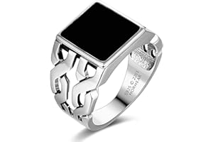 HORHEAR Onyx 925 Argent Sterling Bague de Fermeture, Hommes Argent Sterling Bague, Bague Carrée en Agate Noire,Vintage Style