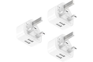 3-Pack USB Plug UK for iPhone 15 14 13 12 11 XS Max XS XR X 8 7 6 6S Plus 5 Plus SE Samsung Galaxy, LG, Android, Cell Phone, 2.1A/5V Dual Port Power Adapter Wall Charging Charge Charger Mains Pixelon
