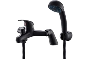 Black Bathroom Shower Mixer Tap BATHWEST Modern Bathroom Sink Taps with Shower Head Black Single Lever Deck Mount Monobloc Solid Brass Bathroom Tub Taps with Shower System and UK Standard Fitting