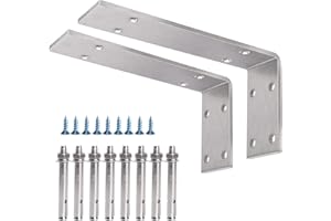 YUMORE Soportes de soporte de encimera de 250 x 150 x 50 mm, 5 mm de grosor, soporte de estante en L de acero inoxidable para estantería abierta, paquete de 2, con enchufe de pared de metal y