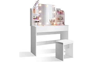 SONNI Toeletta da Trucco108x40x140cm, Vanity Toeletta con Morbido Sgaballo, con Luce per il Trucco per il trucco con tre colori e luminosità regolabile - Bianco