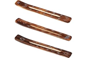 MARRAKESCH Zestaw 3 szt. stojaków na kadzidełka z drewna mango, długość 26 cm, brązowe, uchwyt na kadzidełka, azjatyckie wykonanie ręczne, uchwyt na kadzidełka jako akcesoria dla palaczy i azjatyckie dekoracje